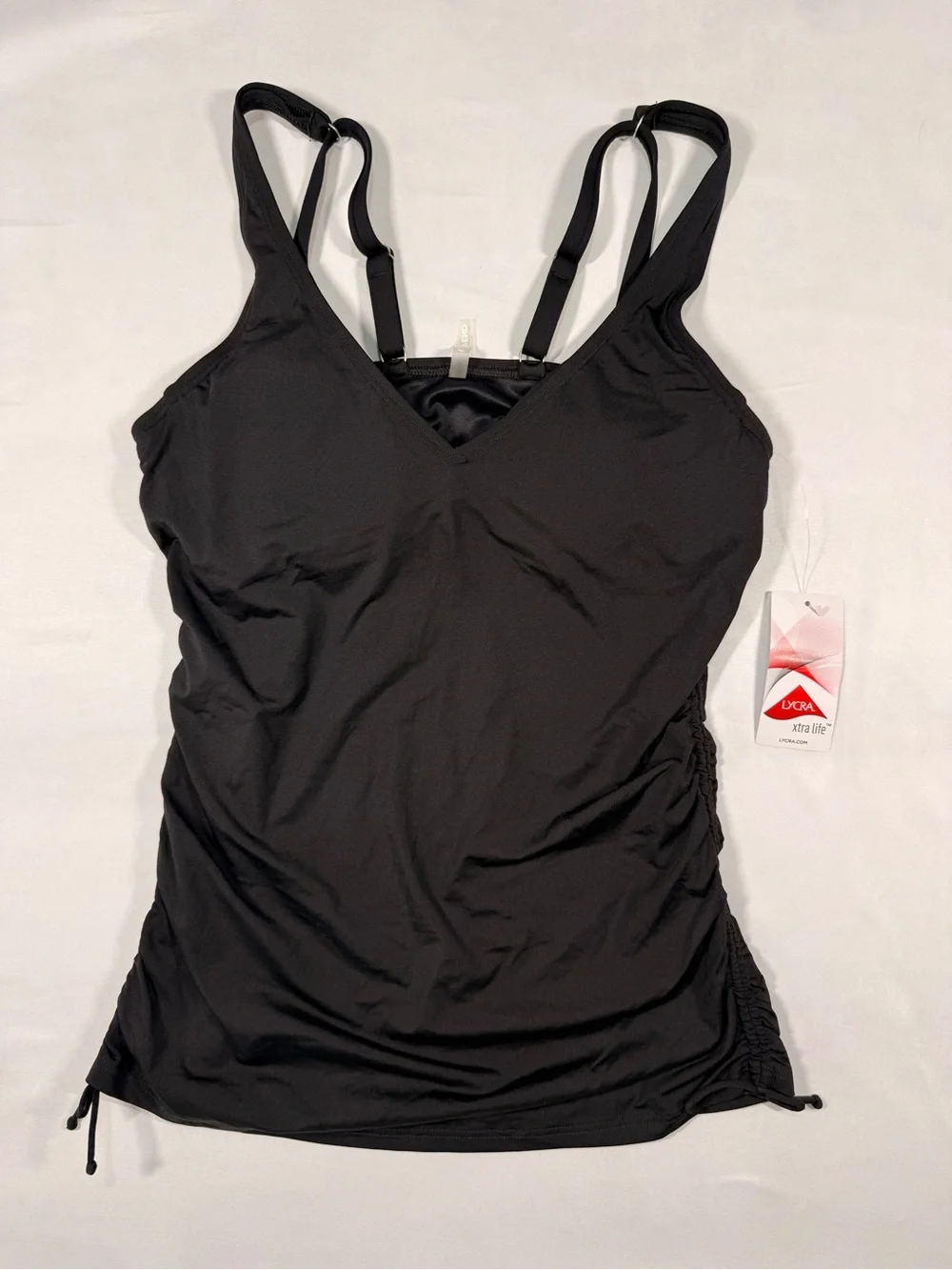 Lands’ End Black Ruched Tankini Swim Top Size 6 Long NWT